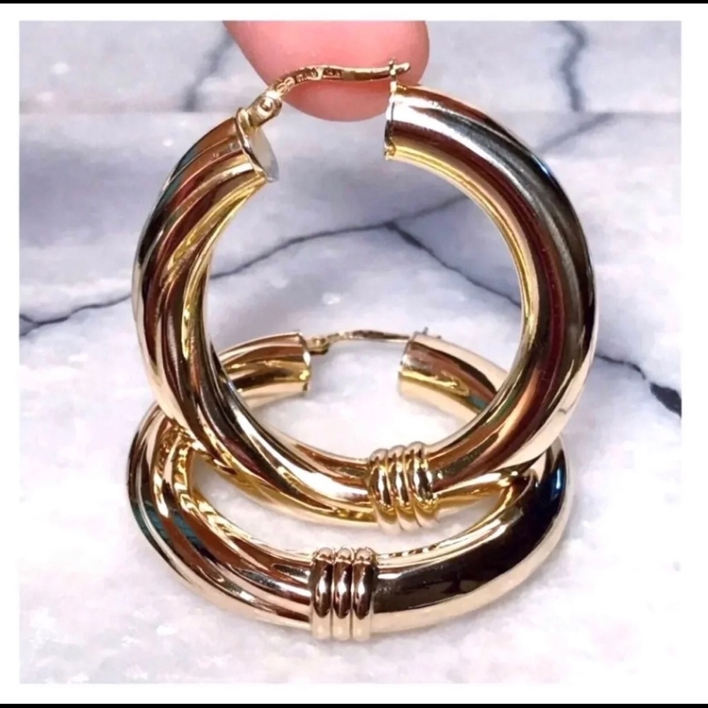 14KT DESIGNER X-LG HOOPS ~ BUTTERY RICH SOLID LUSTROUS YELLOW GOLD EARRINGS